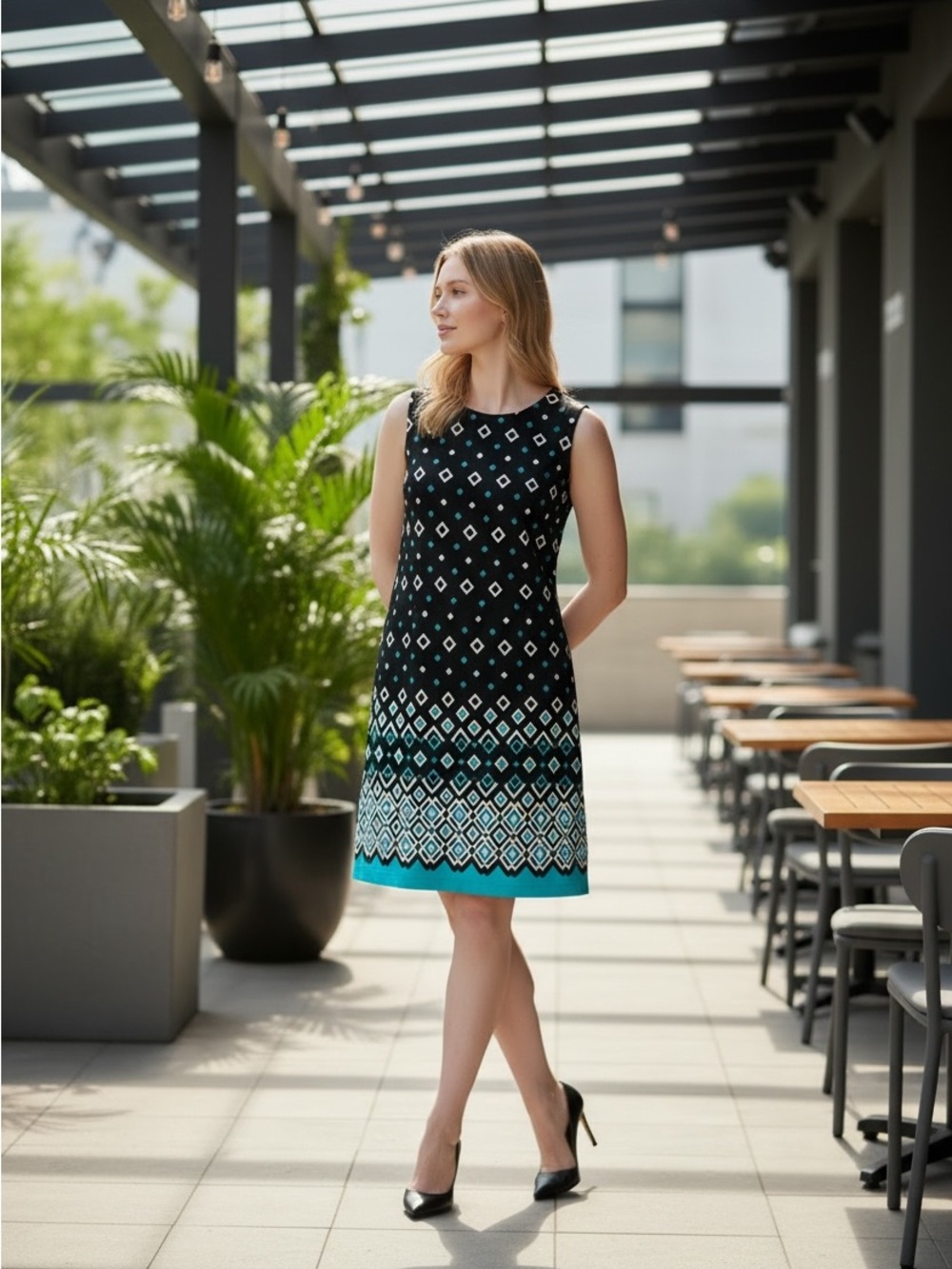 Liz Claiborne Sleeveless Black and Teal Geometric Shift Dress size Large